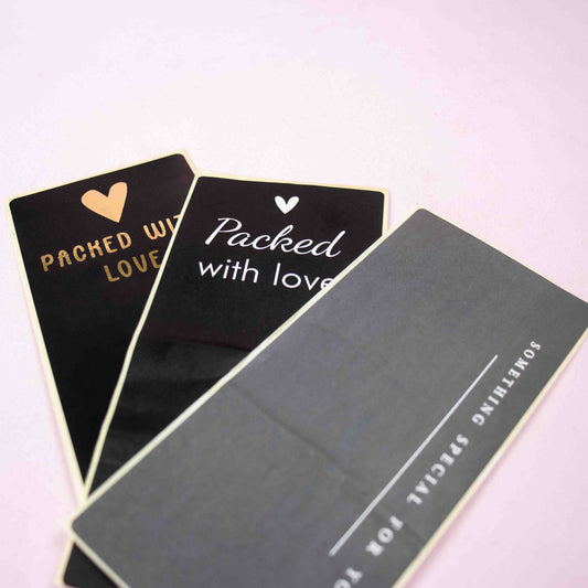 100x Verschlussaufkleber 'Packed with love' Schwarz-Gold