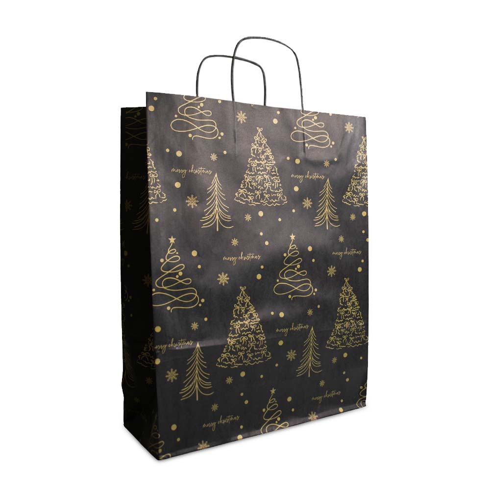 50x Papier-Weihnachtstüten A3 Trees Schwarz/Gold