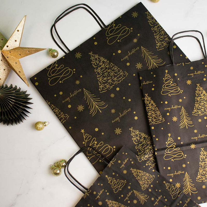 50x Papier-Weihnachtstüten A3 Trees Schwarz/Gold