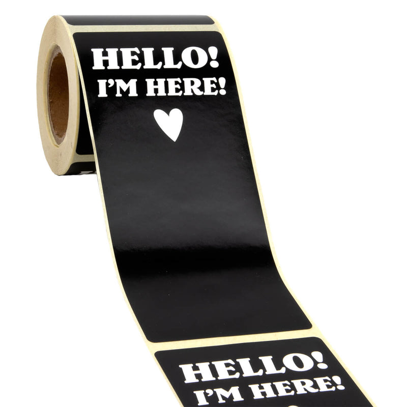 100x Verschlussaufkleber "HELLO! I'm here!" Schwarz-Weiß