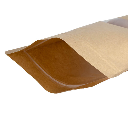 Standbodenbeutel bedrucken - Braun mit Fenster 25x34cm